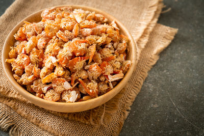 High angle view of food in container on table