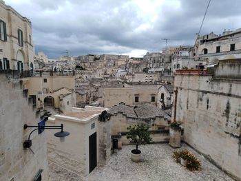 High angle view of old buildings in town