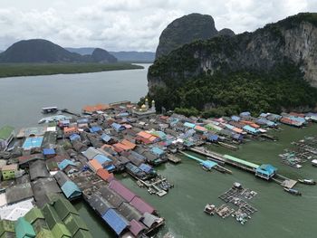 High angle view of boats in sea