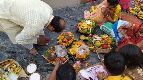 High angle view of people on table