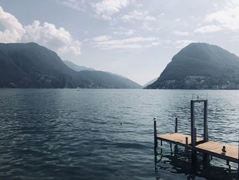 Scenic view of sea and mountains against sky