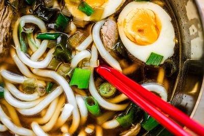 Close-up of noodles served in plate