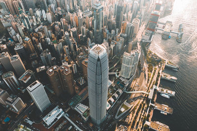 High angle view of modern buildings in city