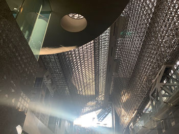 Low angle view of illuminated pendant lights hanging from ceiling in restaurant