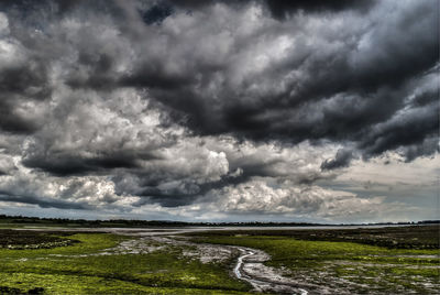 Scenic view of storm clouds over landscape