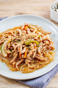 High angle view of noodles served in plate