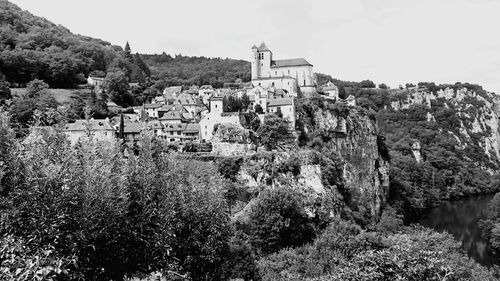 Town with mountain range in background