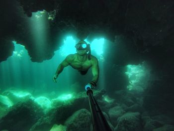 Free diving in a underwater cave