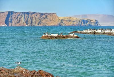 Panoramic view of rocks in sea against sky