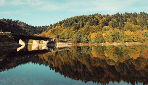 Reflection of trees on bridge during autumn against sky
