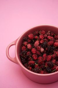 High angle view of breakfast in bowl against pink background