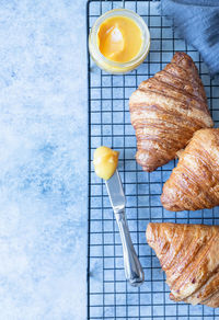 High angle view of breakfast on table