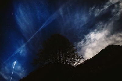 Low angle view of silhouette trees against blue sky