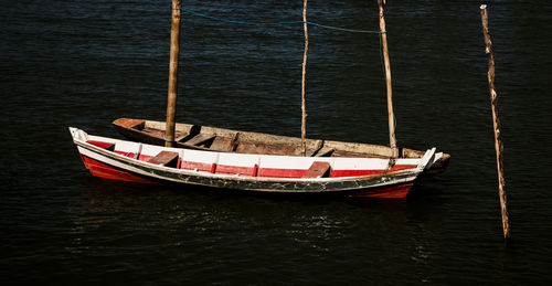 High angle view of boat sailing in sea