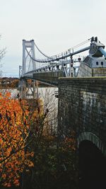 Bridge over river in city against sky