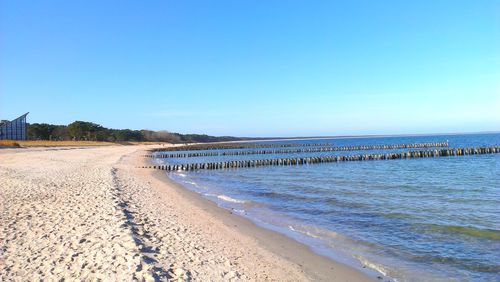 Scenic view of sea against clear blue sky