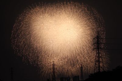 Low angle view of fireworks and electricity pylon at night