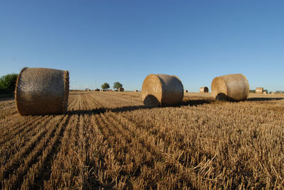 Hay bales on field against clear sky