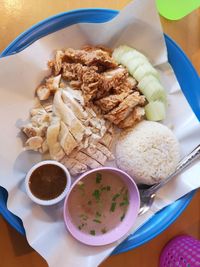 High angle view of meal served on table