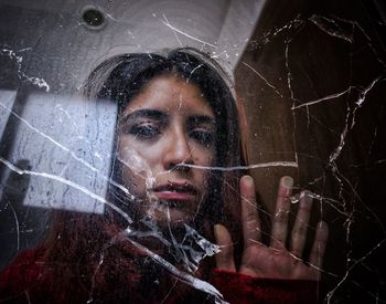 Portrait of young woman seen through broken glass