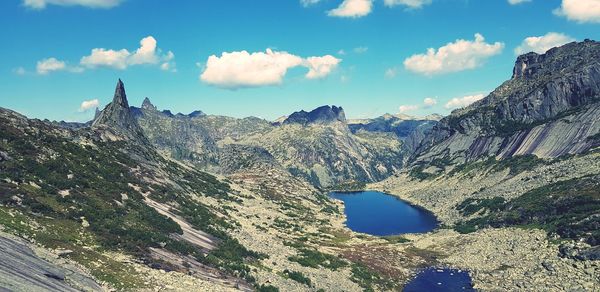 Panoramic view of lake and mountains against sky