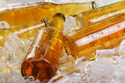 High angle view of beer in glass on table