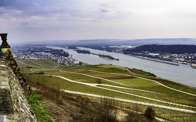 High angle view of land against sky