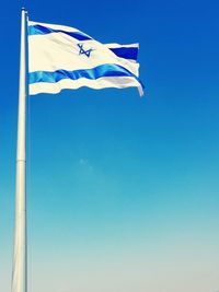 Low angle view of flag against clear blue sky