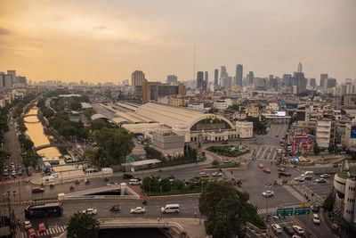 High angle view of townscape against sky during sunset