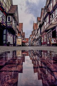 Reflection of buildings in puddle against sky