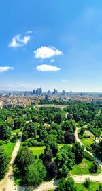 High angle view of trees and buildings against sky