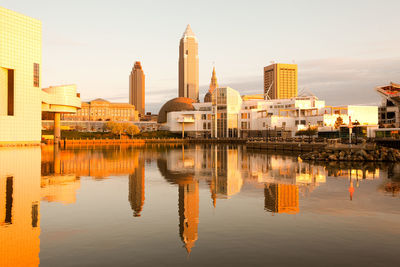 Reflection of buildings on lake in city