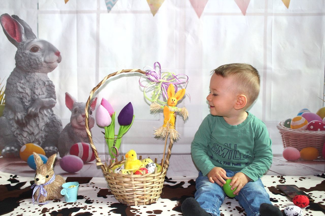 indoors, childhood, easter, casual clothing, celebration, home interior, boys, one person, day, people