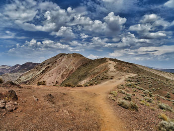 Scenic view of landscape and mountains against sky