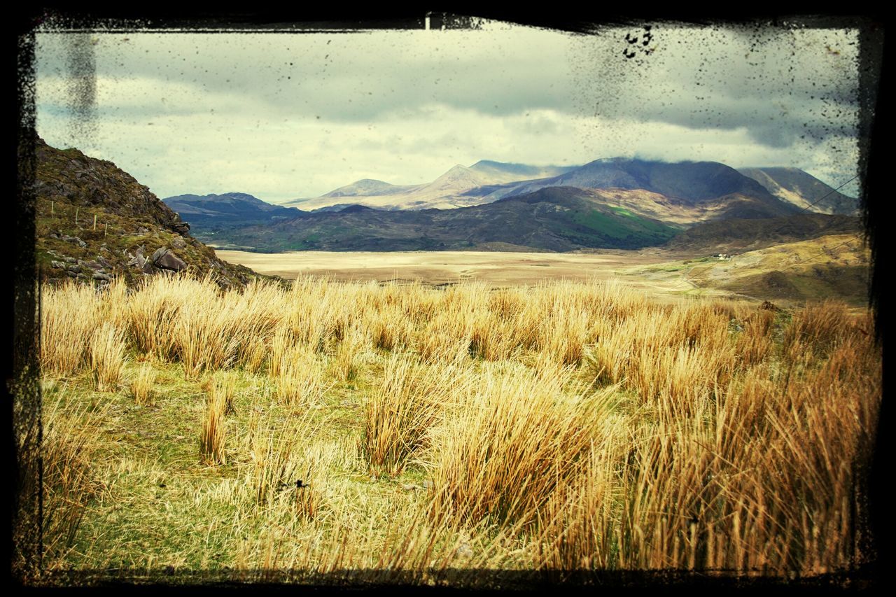 transfer print, mountain, auto post production filter, tranquil scene, mountain range, sky, tranquility, landscape, scenics, beauty in nature, nature, grass, cloud - sky, non-urban scene, cloud, field, plant, outdoors, idyllic, no people