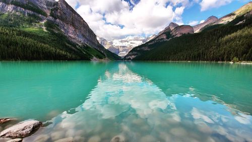 Scenic view of lake and mountains against sky