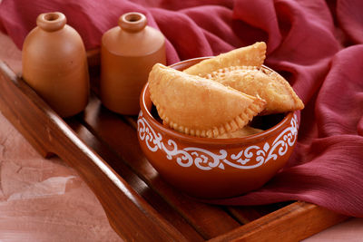 High angle view of dessert on table