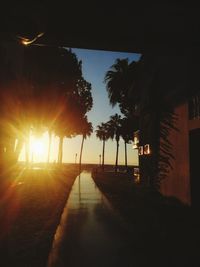 Silhouette palm trees by swimming pool against sky during sunset