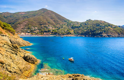 Scenic view of sea and mountains against sky