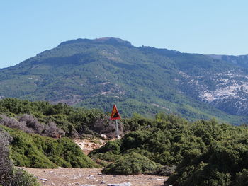 Information sign against mountains