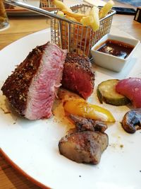 High angle view of food served on table