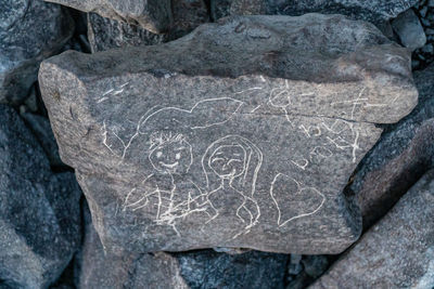 High angle view of text on rock