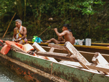 High angle view of boat in lake