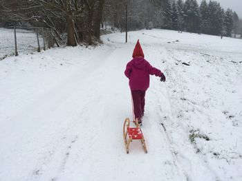 Full length of child on snow covered tree