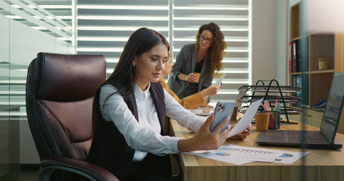 Business woman on distance online video conference call. 