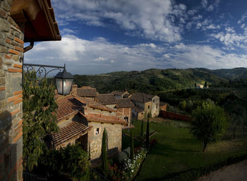 High angle view of buildings against sky