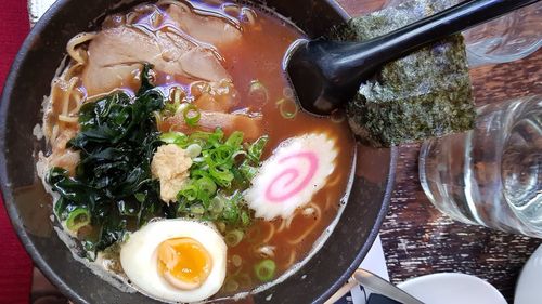 High angle view of soup in bowl on table