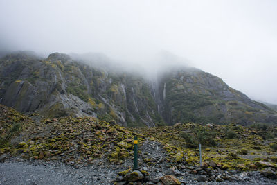 Misty morning in franz joseph glacier hiking trail, new zealand.