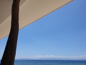 Low angle view of sea against clear blue sky