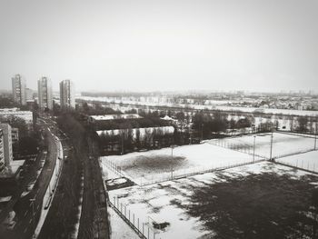 High angle view of cityscape against clear sky